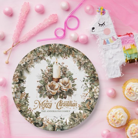 ヴィンテージグリーンと金ゴールドと白いクリスマスキャンドル ペーパープレート (パーティー)