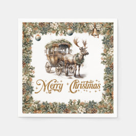 ヴィンテージグリーンと金ゴールドクリスマストナカイそり スタンダードカクテルナプキン