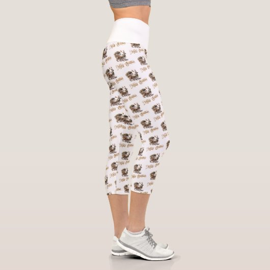 ヴィンテージグリーンと金ゴールドクリスマストナカイのキャリッジ カプリレギンス (右)