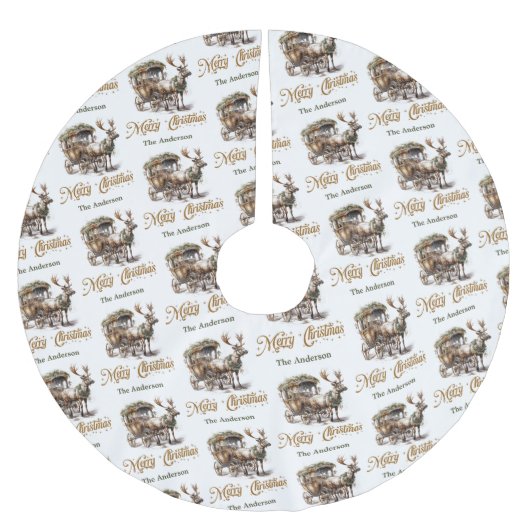 ヴィンテージグリーンと金ゴールドクリスマストナカイのキャリッジ ブラッシュドポリエステルツリースカート (正面)