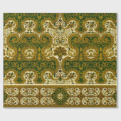 ヴィンテージグリーンと金ゴールドフローラルパターン ラッピングペーパー (フラット)