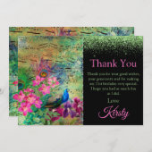 ヴィンテージグリーンアンドピンクピーコック誕生日ありがとう サンキューカード (正面/裏面)