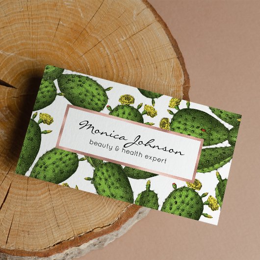 ヴィンテージグリーンイエローフローラサボテンのパターン 名刺