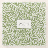 ヴィンテージグリーンウィロー葉ズモノグラムガラス ガラスコースター (正面)