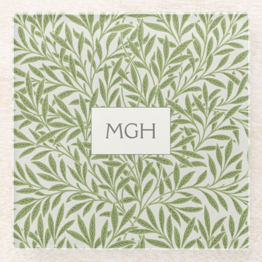 ヴィンテージグリーンウィロー葉ズモノグラムガラス ガラスコースター (正面)