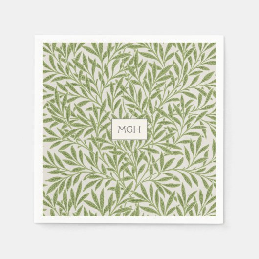 ヴィンテージグリーンウィロー葉ズモノグラム スタンダードカクテルナプキン (正面)