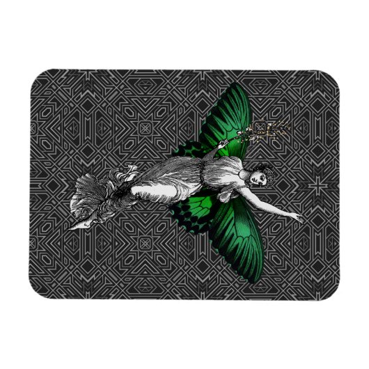 ヴィンテージグリーンウィングフェアリーアールデコ マグネット (横)