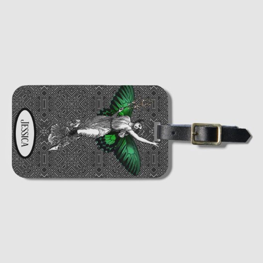 ヴィンテージグリーンウィングフェアリーアールデコ ラゲッジタグ (正面横)