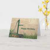 ヴィンテージグリーンウォーターポンプフォト誕生日 カード (黄色い花)