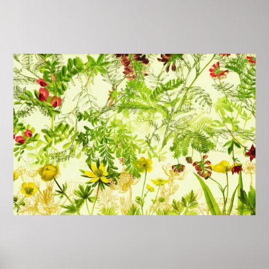 ヴィンテージグリーンウッドランド植物園葉の野草花 ポスター (正面)