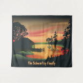 ヴィンテージグリーンオレンジレッドランドスケープサンセット タペストリー (正面(横))