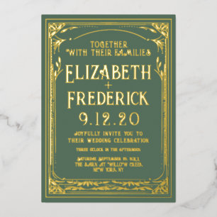 ヴィンテージグリーンオールドプリント結婚式招待状 箔招待状