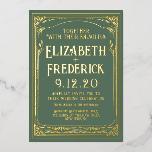 ヴィンテージグリーンオールドプリント結婚式招待状 箔招待状 (正面)