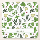 ヴィンテージグリーンガーデンハーブとスパイスパターン(の模様が)ある スクエアペーパーコースター (正面)