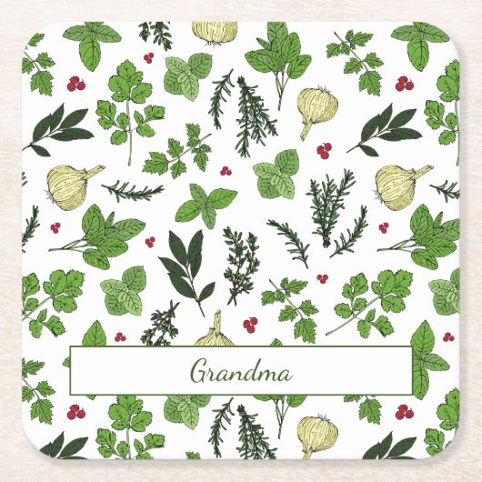 ヴィンテージグリーンガーデンハーブとスパイスパターン(の模様が)ある スクエアペーパーコースター (正面)