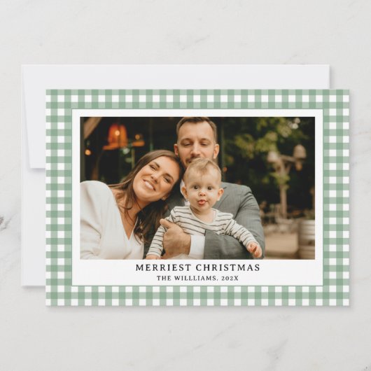 ヴィンテージグリーンギンガムプレイドフォトクリスマス シーズンカード (正面)
