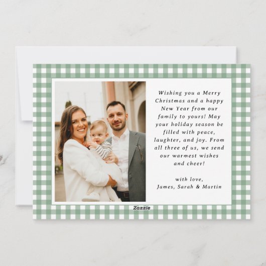 ヴィンテージグリーンギンガムプレイドフォトクリスマス シーズンカード (裏面)