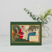 ヴィンテージグリーンクリスマスイブサンタギフトチルドレン 箔シーズンポストカード (立ち正面)