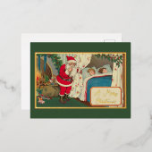 ヴィンテージグリーンクリスマスイブサンタギフトチルドレン 箔シーズンポストカード (正面/裏面)