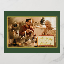 ヴィンテージグリーンクリスマスイブ家族の写真 箔シーズンポストカード