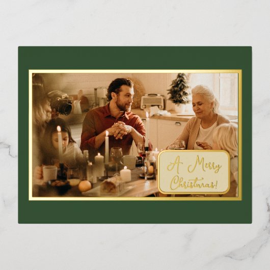 ヴィンテージグリーンクリスマスイブ家族の写真 箔シーズンポストカード (正面)