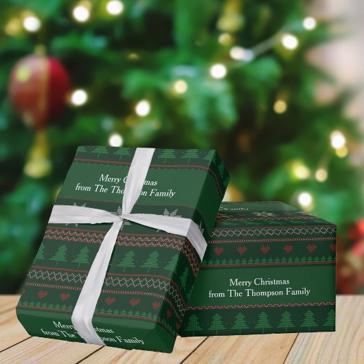 ヴィンテージグリーンクリスマスツリーのパタパーソナライズされたーン ラッピングペーパー