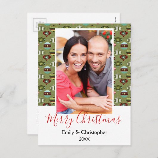 ヴィンテージグリーンクリスマスツリーオーナメントフォトカード シーズンポストカード (正面/裏面)