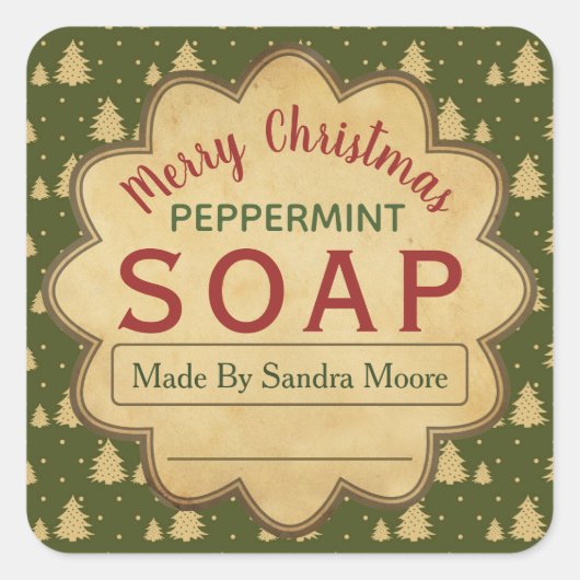 ヴィンテージグリーンクリスマスツリー石鹸ラベル スクエアシール (正面)