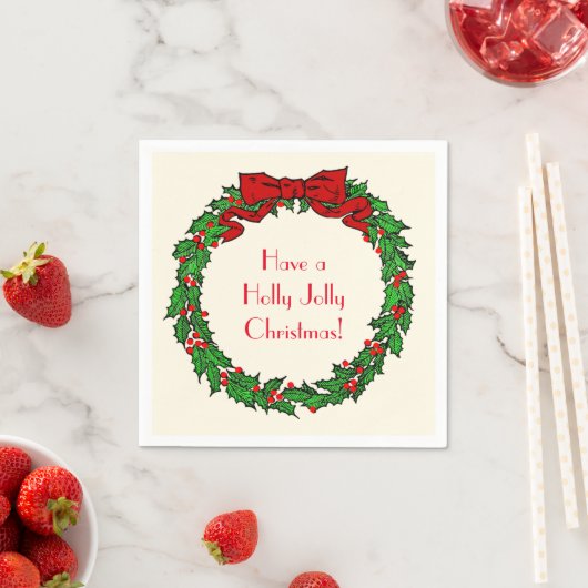 ヴィンテージグリーンクリスマスホリーリースとレッドボウ スタンダードカクテルナプキン (インサイチュ)