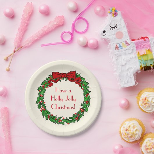ヴィンテージグリーンクリスマスホリーリースとレッドボウ ペーパープレート (パーティー)