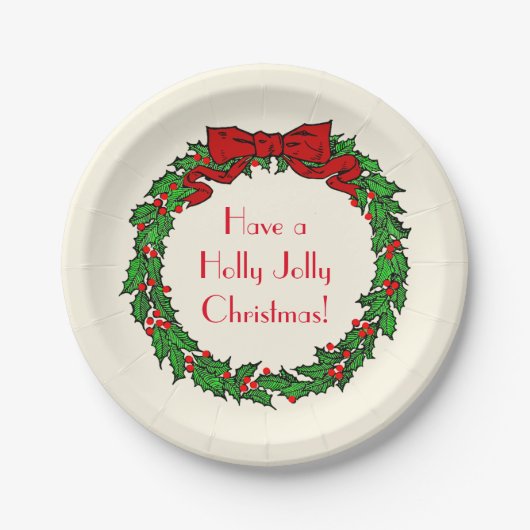 ヴィンテージグリーンクリスマスホリーリースとレッドボウ ペーパープレート (正面)