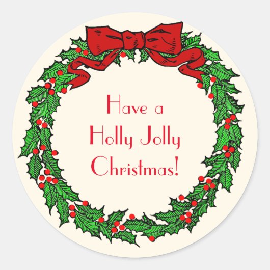 ヴィンテージグリーンクリスマスホリーリースとレッドボウ ラウンドシール (正面)