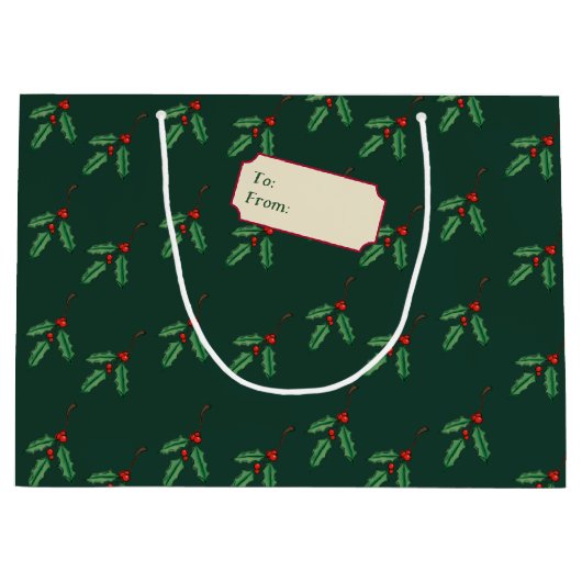 ヴィンテージグリーンクリスマスホリー名タグ抱き枕 ラージペーパーバッグ (正面)
