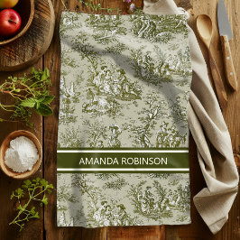 ヴィンテージグリーングレーtoile de jouy printed キッチンタオル