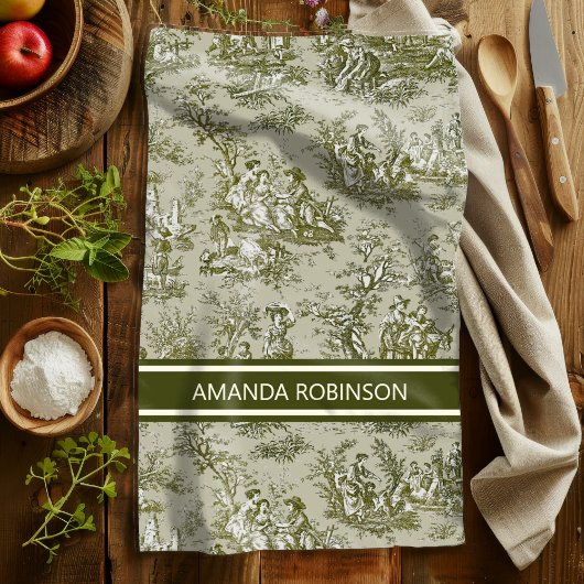 ヴィンテージグリーングレーtoile de jouy printed キッチンタオル