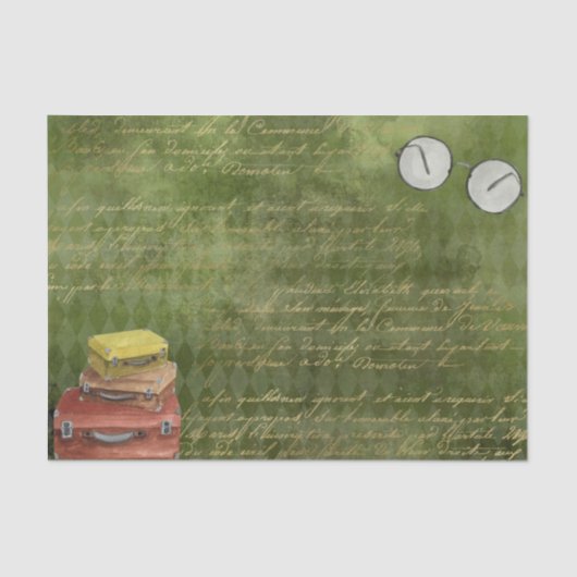 ヴィンテージグリーンスーツケースと眼鏡のデコパージュ 薄葉紙 (正面)