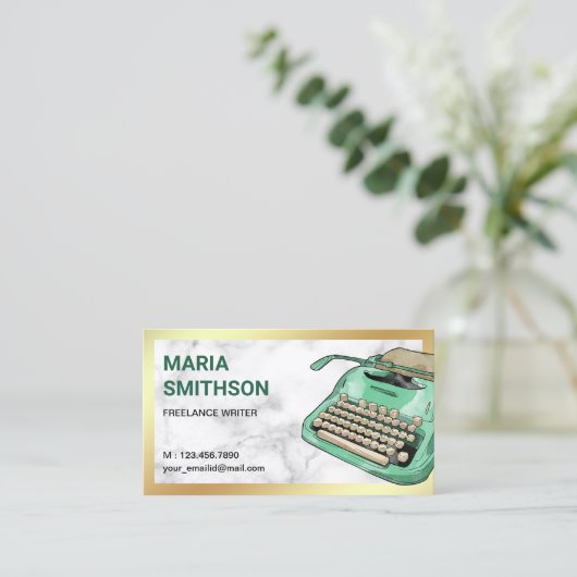 ヴィンテージグリーンタイプライターQRコードライター作家 名刺 (スタンド正面)