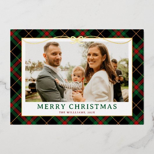 ヴィンテージグリーンタータンチェックプライド写真クリスマス 箔シーズンカード (正面)