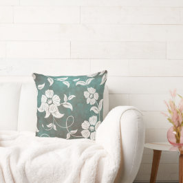 ヴィンテージグリーンティール（緑がかった色）クリームフラワー クッション