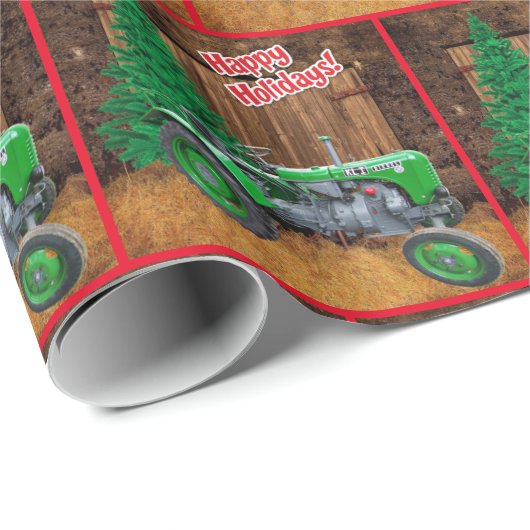 ヴィンテージグリーントラクターバイバーンクリスマス ラッピングペーパー (ロールコーナー)