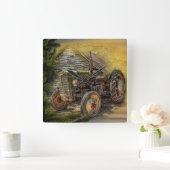 ヴィンテージグリーントラクタ素朴オールドバーン スクエア壁時計 (ホーム)