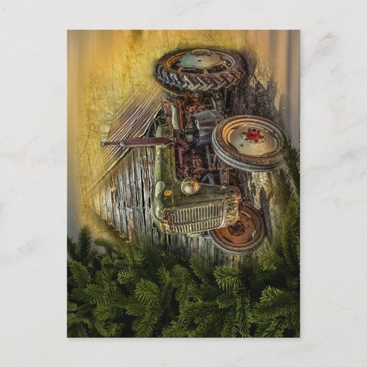 ヴィンテージグリーントラクタ素朴オールドバーン ポストカード (正面)