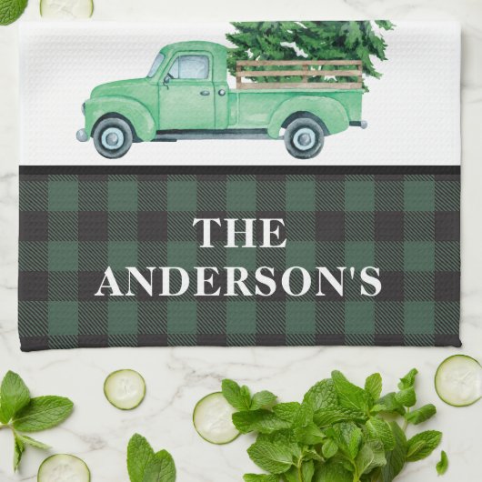 ヴィンテージグリーントラッククリスマスツリープレイドファームハウス キッチンタオル (折り畳み)