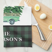 ヴィンテージグリーントラッククリスマスツリープレイドファームハウス キッチンタオル (四つ折り)