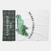 ヴィンテージグリーントラッククリスマスツリープレイドファームハウス キッチンタオル (横)