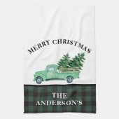 ヴィンテージグリーントラッククリスマスツリープレイドファームハウス キッチンタオル (縦)