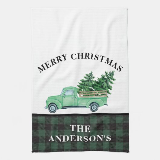 ヴィンテージグリーントラッククリスマスツリープレイドファームハウス キッチンタオル (縦)