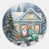 ヴィンテージグリーントラックサンタクロースクリスマスハウス ラウンドシール (正面)