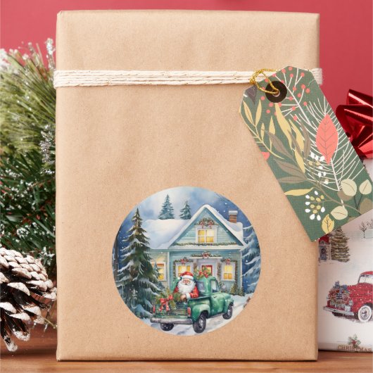ヴィンテージグリーントラックサンタクロースクリスマスハウス ラウンドシール (クリスマス)