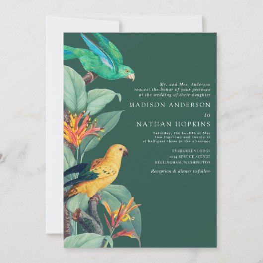 ヴィンテージグリーントロピカルバード結婚式招待状 招待状 (正面)